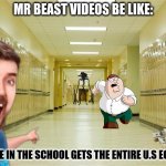 Mr Beast videos be like | MR BEAST VIDEOS BE LIKE:; LAST ONE IN THE SCHOOL GETS THE ENTIRE U.S ECONOMY | image tagged in high school hallway,memes | made w/ Imgflip meme maker