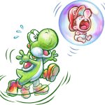 Green Yoshi Floating with baby Mario Crying in the Bubble