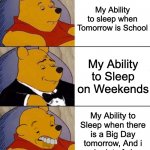 Very Accurate tbh. | My Ability to sleep when Tomorrow is School; My Ability to Sleep on Weekends; My Ability to Sleep when there is a Big Day tomorrow, And i need a-lot of sleep. | image tagged in best better blurst,relatable memes,memes,funny,sleep,so true memes | made w/ Imgflip meme maker