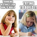Lego build | TRYING TO BUILD IT; THINKING OF A NICE LEGO GUN TO BUILD | image tagged in happy sad girl | made w/ Imgflip meme maker