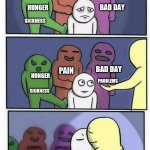 Mother's day | PROBLEMS; PAIN; BAD DAY; HUNGER; SICKNESS; PAIN; SICKNESS; PROBLEMS; BAD DAY; HUNGER; MOM; ME | image tagged in problems stress pain blank template reversed,mothers day,mother,love | made w/ Imgflip meme maker