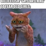 Poor puss | 14 YEAR OLD GIRLS:; BILLIE EILISH: *SAYS ANYTHING* | image tagged in puss in boots cry,puss in boots | made w/ Imgflip meme maker