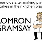 Bon Appetit | 3 year olds after making plastic cupcakes in their kitchen play set | image tagged in romron gramsay | made w/ Imgflip meme maker