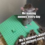 Hamster King of the Mountain | Me making memes every day; My 9 followers watching me shizpost every day | image tagged in hamster king of the mountain,followers,hamburger | made w/ Imgflip meme maker