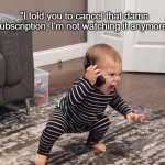 Just Cancel It | "I told you to cancel that damn subscription, I'm not watching it anymore!" | image tagged in psychologistkid,unsubscribe,customer service,complaint | made w/ Imgflip meme maker