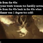 "Bitch, this chicken is cold!" | People from the 40s: "Everyone treats women too harshly nowadays"

People from the 40s back in the 40s when their dinner was 1 degree too cold: | image tagged in gifs,king kong | made w/ Imgflip video-to-gif maker