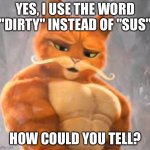 Stop using "sus" guys | YES, I USE THE WORD "DIRTY" INSTEAD OF "SUS"; HOW COULD YOU TELL? | image tagged in buff puss in boots,puss in boots | made w/ Imgflip meme maker