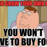 FOOD | IF YOU GROW YOUR OWN FOOD; YOU WON'T HAVE TO BUY FOOD | image tagged in peter griffin thinking | made w/ Imgflip meme maker