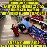 Study finds growing evidence high fluoride exposure lowers IQ in children, therefore... ohh look something shiny... | SUPPRESSED NATIONAL TOXICOLOGY PROGRAM ANALYSIS FOUND THAT 52 OF 55 STUDIES SAW LOWER IQ WITH HIGHER FLUORIDE EXPOSURES; SO DRINK MORE SODA AND BEER TO MAKE SMARTNESS | image tagged in soda,water,chemicals,iq,danger,children | made w/ Imgflip meme maker