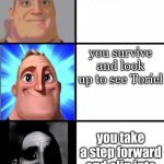 oh crap | you fall down a hole; you survive and look up to see Toriel; you take a step forward and clip into the backrooms | image tagged in 3 frame uncanny mr incredible,undertale,backrooms | made w/ Imgflip meme maker