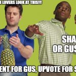 shawn or gus people?!! | PSYCH LOVERS LOOK AT THIS!!! SHAWN OR GUS???? COMMENT FOR GUS, UPVOTE FOR SHAWN | image tagged in psych,gus,shawn spencer,pineapple | made w/ Imgflip meme maker