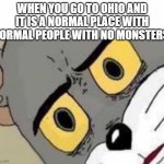 Tom Cat Unsettled Close up | WHEN YOU GO TO OHIO AND IT IS A NORMAL PLACE WITH NORMAL PEOPLE WITH NO MONSTERS | image tagged in tom cat unsettled close up | made w/ Imgflip meme maker