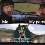 My Younger sister always chases me when i am minding my own business. | My parents; Me; My Younger sister that won't leave us alone | image tagged in tom chasing harry and ron weasly,memes,funny,so true memes,relatable memes,siblings | made w/ Imgflip meme maker