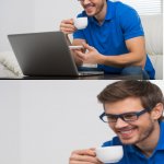 Guy drinking coffee and looking at PC with a smile