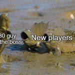 Impressed Mudskippers POG | New players; Level 30 guy 1-hitting the boss | image tagged in impressed mudskippers pog | made w/ Imgflip meme maker