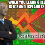 Confused Stonks | WHEN YOU LEARN GREENLAND IS ICE AND ICELAND IS GREEN | image tagged in confused stonks | made w/ Imgflip meme maker
