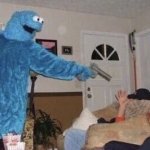 cookie monster pointing gun at man meme