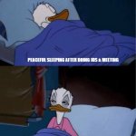 donald duck waking up | PEACEFUL SLEEPING AFTER DOING JDS & MEETING; REMEMBER THAT I HAVE TO TRANSFER NAF FEE BEFORE THE LAST OFFICE DAY OF A MONTH | image tagged in donald duck waking up | made w/ Imgflip meme maker