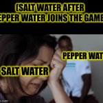 i finally have another meme idea | (SALT WATER AFTER PEPPER WATER JOINS THE GAME); PEPPER WATER; SALT WATER | image tagged in gifs,cheeseman_,funny,fun,why are you reading this,random tag i decided to put | made w/ Imgflip video-to-gif maker