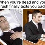 Just like me fr | When you’re dead and your crush finally texts you back: | image tagged in deceased man in coffin typing,memes,funny,funny memes,crush,texting | made w/ Imgflip meme maker