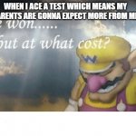 Reduce your expectations to zero | WHEN I ACE A TEST WHICH MEANS MY PARENTS ARE GONNA EXPECT MORE FROM ME | image tagged in wario sad | made w/ Imgflip meme maker