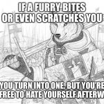Seriously guys furries didn’t do anything to you | IF A FURRY BITES OR EVEN SCRATCHES YOU; YOU TURN INTO ONE. BUT YOU’RE STILL FREE TO HATE YOURSELF AFTERWARDS | image tagged in fursader | made w/ Imgflip meme maker