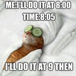 Relaxicat | TIME:8:05; ME:I'LL DO IT AT 8:00; I'LL DO IT AT 9 THEN | image tagged in relaxicat | made w/ Imgflip meme maker