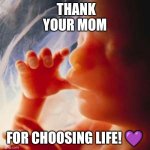 Fetus | THANK YOUR MOM; FOR CHOOSING LIFE! 💜 | image tagged in fetus | made w/ Imgflip meme maker