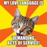 Anything can be a love language if that's what you call it | MY LOVE LANGUAGE IS; *DEMANDING* ACTS OF SERVICE! | image tagged in memes,bad advice cat,cats,love language,customer service,like a boss | made w/ Imgflip meme maker