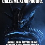Irrational fear. | WHEN SOMEONE CALLS ME XENOPHOBIC. AND ALL I CAN PICTURE IS ONE OF THESE, DAMN RIGHT I HAVE AN IRRATIONAL FEAR OF THEM, THEY'RE SCARY. | image tagged in xenomorph,xenophobia,aliens,funny | made w/ Imgflip meme maker