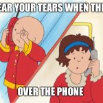 Caillou crying | I CAN HEAR YOUR TEARS WHEN THEY DROP; OVER THE PHONE | image tagged in caillou crying | made w/ Imgflip meme maker