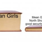 Big book small book | Mean Girls if North Shore had good security cameras; Mean Girls | image tagged in big book small book | made w/ Imgflip meme maker