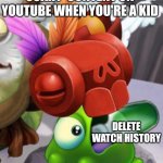 Yelmut deleting his watch history | WHEN YOU SEE SCARY  CONTENT ON YOUTUBE WHEN YOU'RE A KID; DELETE WATCH HISTORY | image tagged in baby yelmut voring a bottle of cough syrup | made w/ Imgflip meme maker