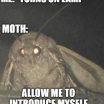 Lamp! | ME: *TURNS ON LAMP*; MOTH:; ALLOW ME TO INTRODUCE MYSELF | image tagged in moth,memes,funny memes | made w/ Imgflip meme maker