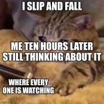 Sad kitty | I SLIP AND FALL; ME TEN HOURS LATER STILL THINKING ABOUT IT; WHERE EVERY ONE IS WATCHING | image tagged in sad kitty | made w/ Imgflip meme maker