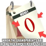 accurate | MONEY; WHEN THE GRANDPARENTS ARE ALONE ON THE COMPUTER FOR 5 SECONDS | image tagged in zero days | made w/ Imgflip meme maker