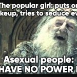 Cant be seduced | The popular girl: puts on new makeup, tries to seduce every guy; Asexual people:
YOU HAVE NO POWER HERE! | image tagged in you have no power here | made w/ Imgflip meme maker