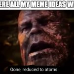 Where all my meme ideas went | WHERE ALL MY MEME IDEAS WENT: | image tagged in thanos gone reduced to atoms | made w/ Imgflip meme maker