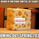 Nintendo Swiss | YOU HEARD OF NINTENDO SWITCH, GET READY FOR; COMING OUT SPRING 2024 | image tagged in swiss cheese | made w/ Imgflip meme maker
