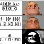 ICE | -1 DEGREES CELSIUS; -1 DEGREES FAHRENHEIT; -1 DEGREES KELVIN | image tagged in mr incredible becoming uncanny shortened | made w/ Imgflip meme maker
