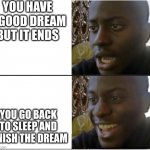 True happiness | YOU HAVE A GOOD DREAM BUT IT ENDS; YOU GO BACK TO SLEEP AND FINISH THE DREAM | image tagged in black man shocked and happy | made w/ Imgflip meme maker