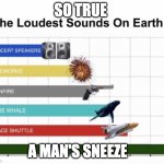The Loudest Sounds On Earth | SO TRUE; A MAN'S SNEEZE | image tagged in the loudest sounds on earth | made w/ Imgflip meme maker