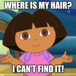 It's on your head idiot | WHERE IS MY HAIR? I CAN'T FIND IT! | image tagged in dilemma dora,idiots | made w/ Imgflip meme maker