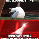 Screaming goose | THE LESSON: 1+1=2; TIMMY HAS 3 APPLES, CALCULATE THE MASS OF THE SUN | image tagged in screaming goose | made w/ Imgflip meme maker