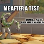 My brain cells after a test | ME AFTER A TEST; HMMMM..... YES THE FLOOR HERE IS MADE OF FLOOR | image tagged in hmm yes | made w/ Imgflip meme maker