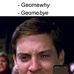 This took me way too long to make for some reason lmao | The process of geometry in a nutshell; try; - Geome; cry; - Geome; - Geome; why; bye; - Geome | image tagged in crying peter parker,memes,funny,true story,relatable memes,school | made w/ Imgflip meme maker