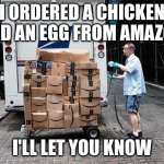 Which came first? | I ORDERED A CHICKEN AND AN EGG FROM AMAZON; I'LL LET YOU KNOW | image tagged in postal package delivery | made w/ Imgflip meme maker