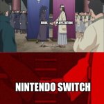 Xbox and PlayStation players | XBOX              PLAYSTATION; NINTENDO SWITCH | image tagged in anime handshake | made w/ Imgflip meme maker