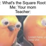 Just a guy making a joke, but teachers are a-holes | Teacher: What's the Square Root of 100?
Me: Your mom
Teacher: | image tagged in listen here you little shit bird,teacher,asshole | made w/ Imgflip meme maker