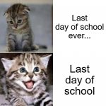 Memories | Last day of school ever... Last day of school | image tagged in sad cat to happy cat | made w/ Imgflip meme maker